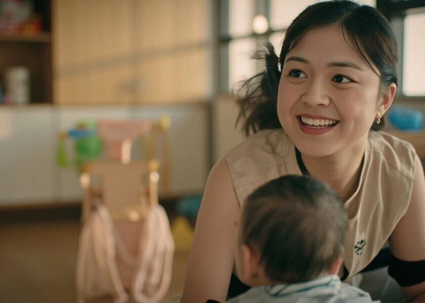 Childminder watches an infant reach for a stable cloth object in a calm childminding room.