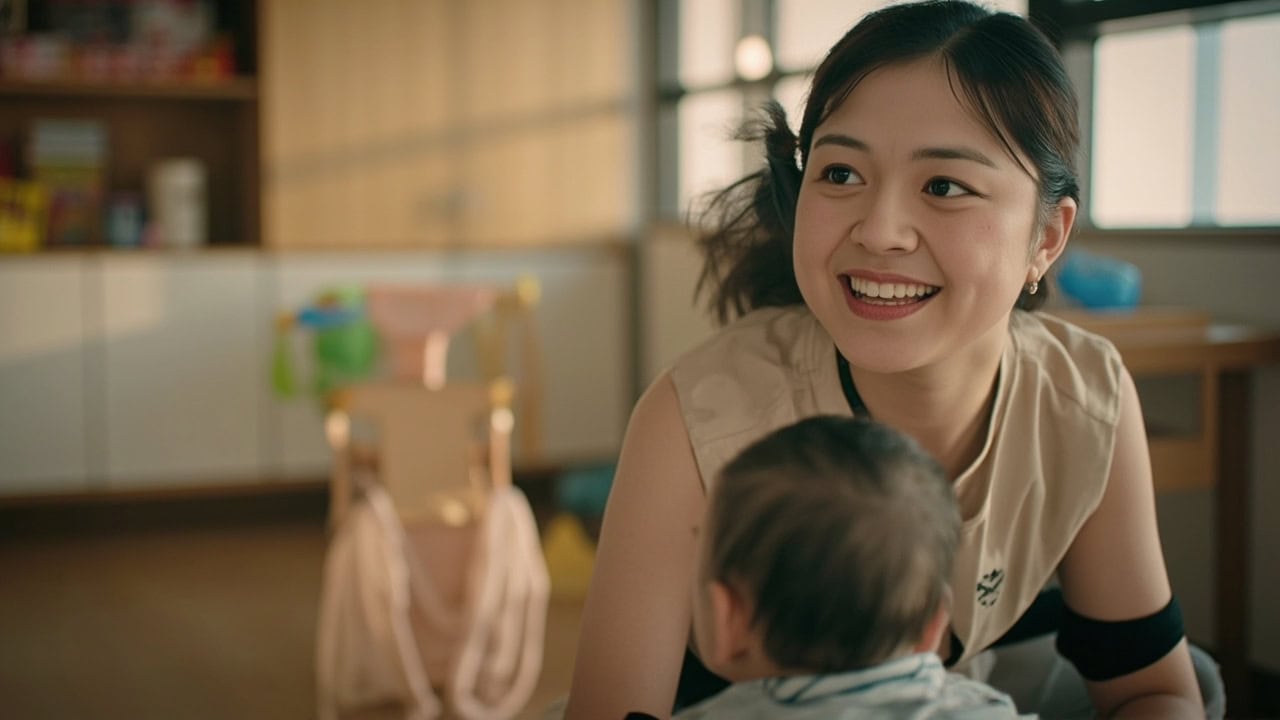 Childminder watches an infant reach for a stable cloth object in a calm childminding room.