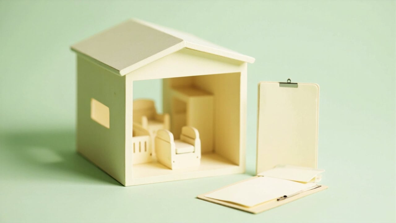 A minimalist model care room with small chairs and blank paperwork beside it in warm ivory and muted green.
