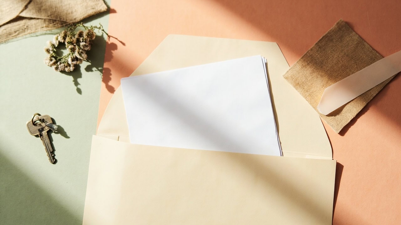 Warm overhead still life of blank papers in a folder, household keys and linen in soft natural light.