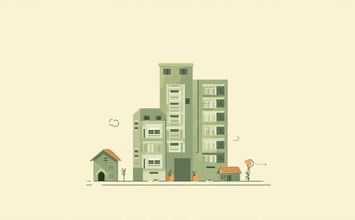 Stylised green apartment blocks and a small house on an ivory background, with plants and simple line details.