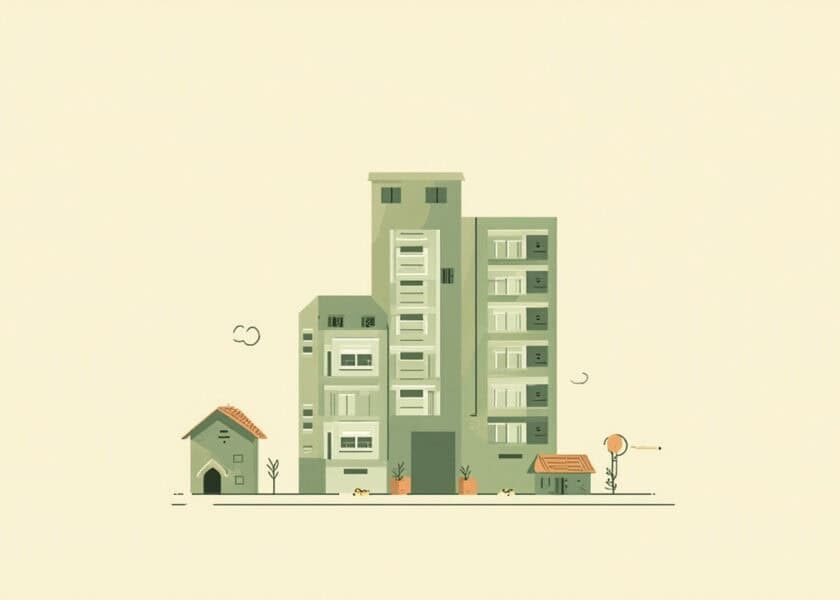 Stylised green apartment blocks and a small house on an ivory background, with plants and simple line details.
