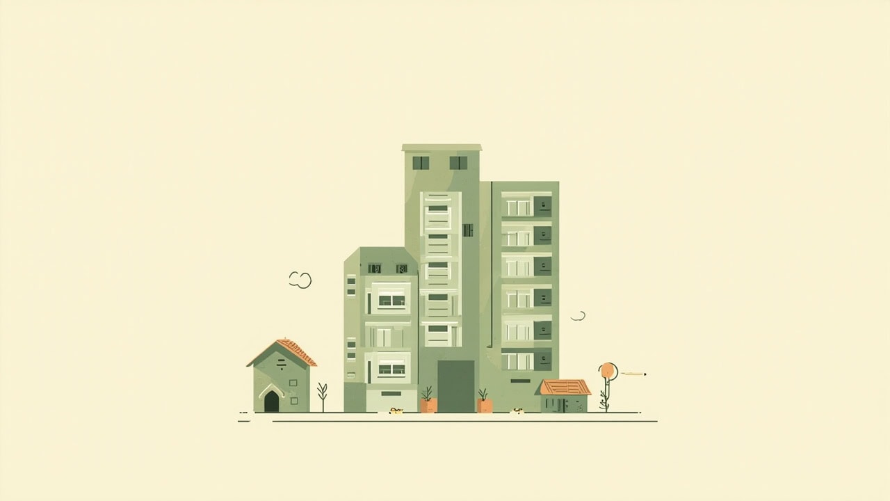 Stylised green apartment blocks and a small house on an ivory background, with plants and simple line details.