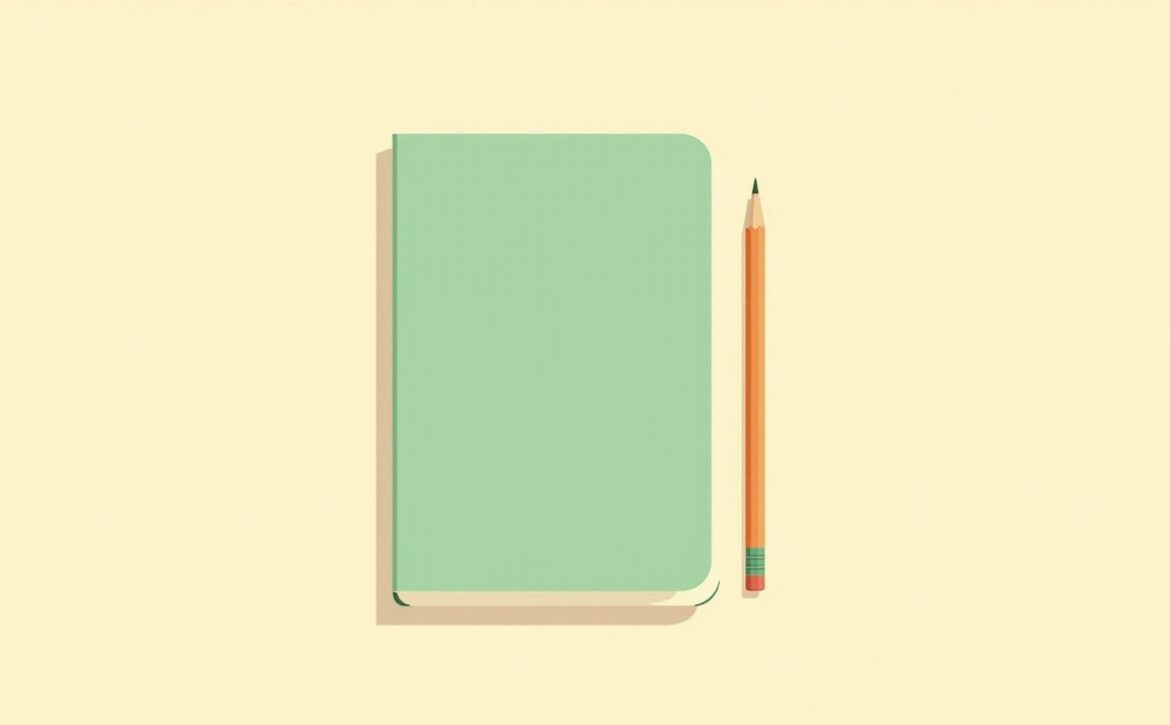 A large blank mint-green exercise book sits fully visible beside a short orange pencil on a plain warm ivory background.