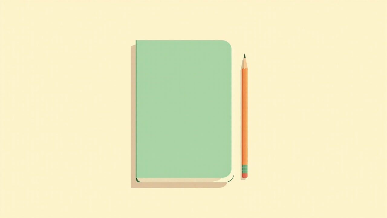 A large blank mint-green exercise book sits fully visible beside a short orange pencil on a plain warm ivory background.