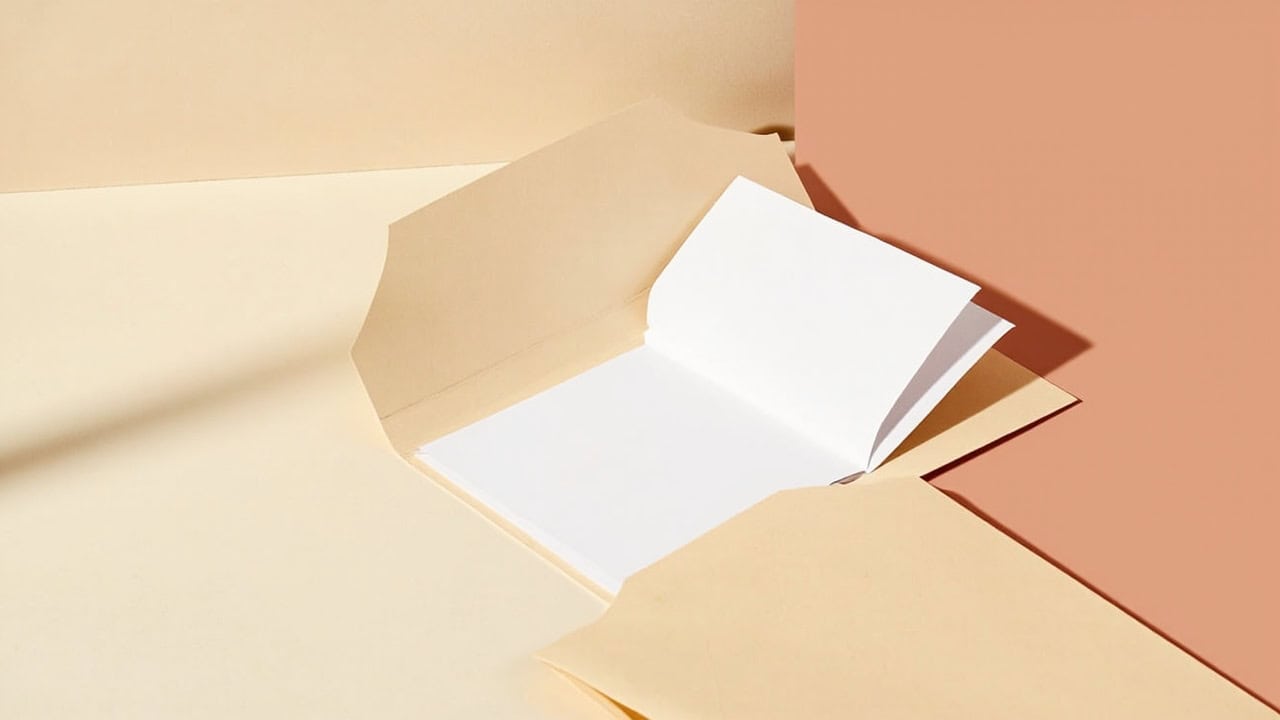 Open plain folder with blank white sheets and neutral envelopes on a warm cream and coral tabletop.