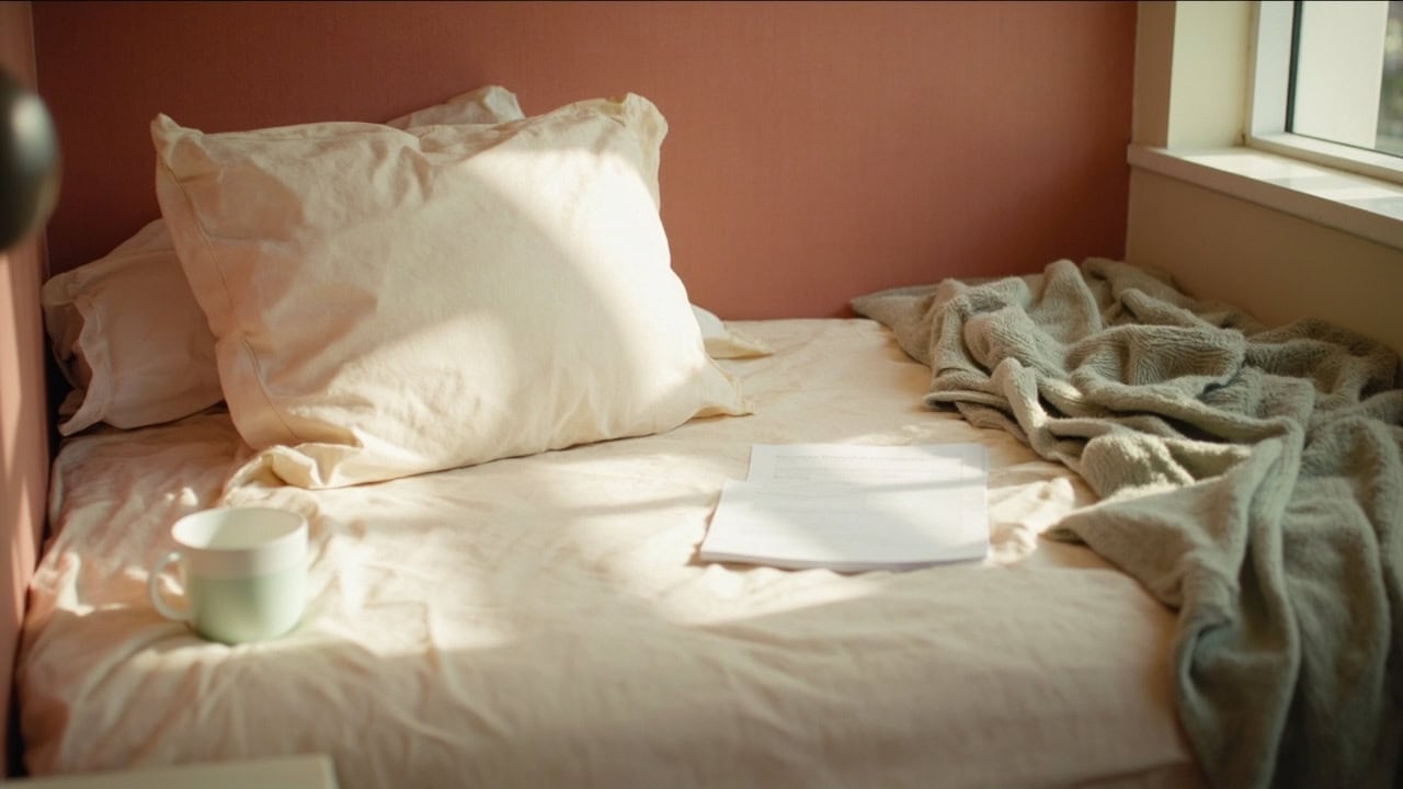 A sunlit bed with cream pillows, a rumpled sage throw, a plain mug and unmarked papers.