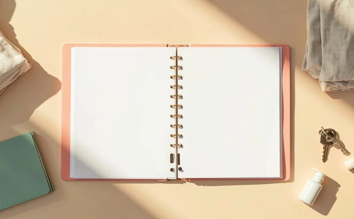 Overhead still life of a blank ring-bound folder with folded linen, a green notebook, keys and an unbranded pump bottle.