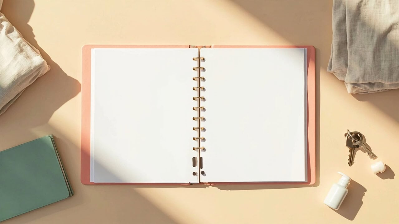 Overhead still life of a blank ring-bound folder with folded linen, a green notebook, keys and an unbranded pump bottle.