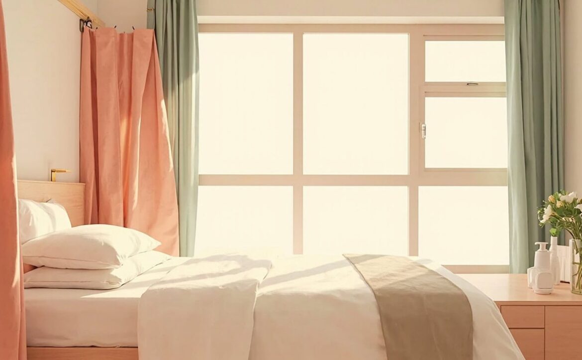 A neatly made bed framed by coral and sage curtains, with bedside toiletries and soft daylight through a large window.