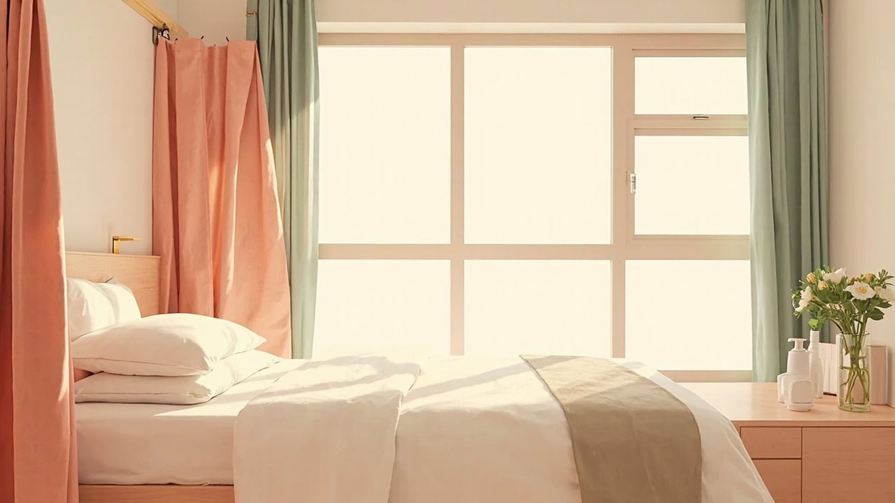 A neatly made bed framed by coral and sage curtains, with bedside toiletries and soft daylight through a large window.