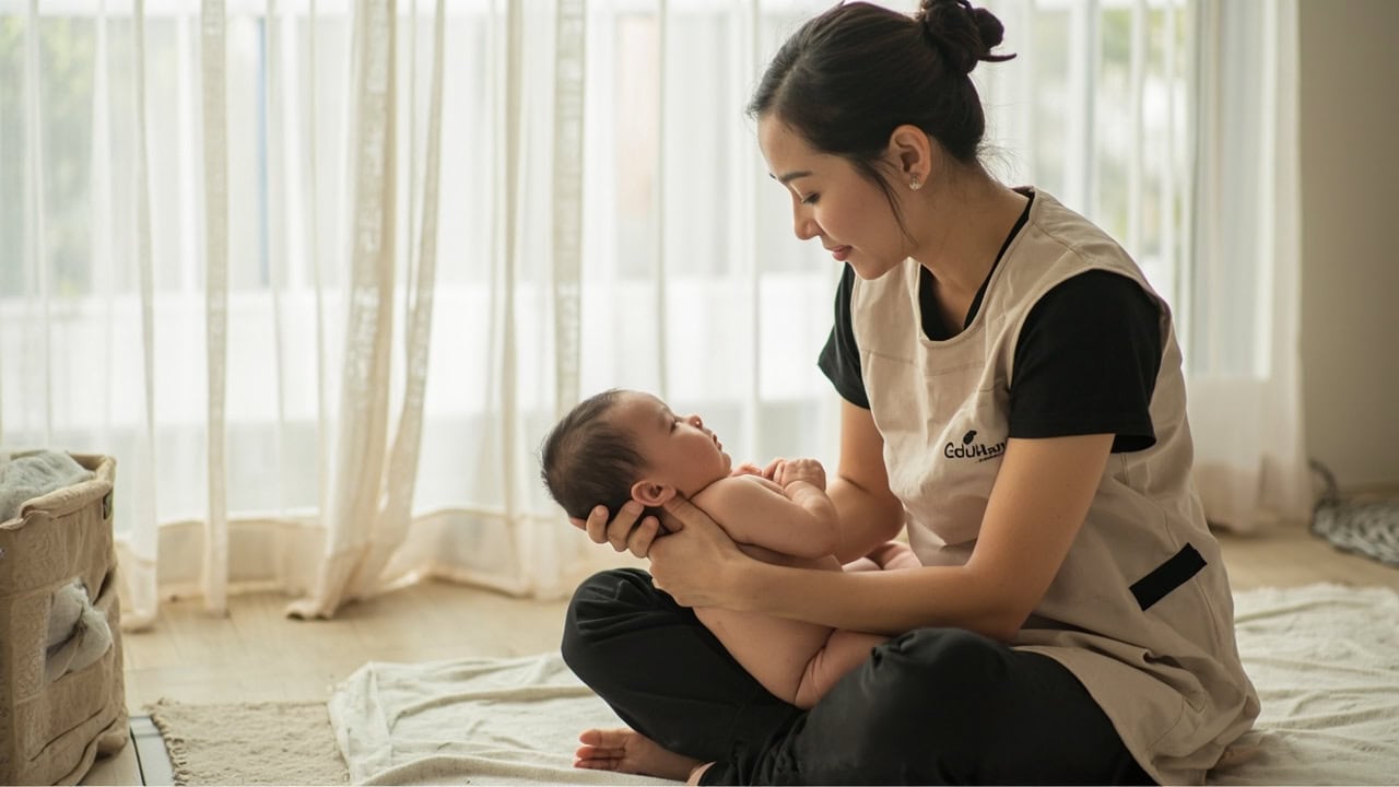 A childminder supports an awake newborn against her chest while watching the baby's face