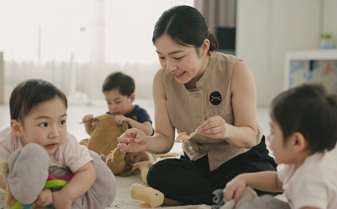 AI illustration of a childminder supervising three awake infants on a clean mat in a Singapore home