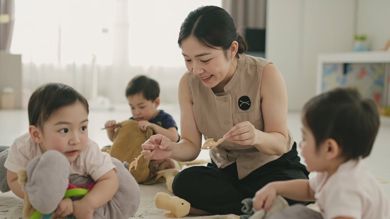 AI illustration of a childminder supervising three awake infants on a clean mat in a Singapore home