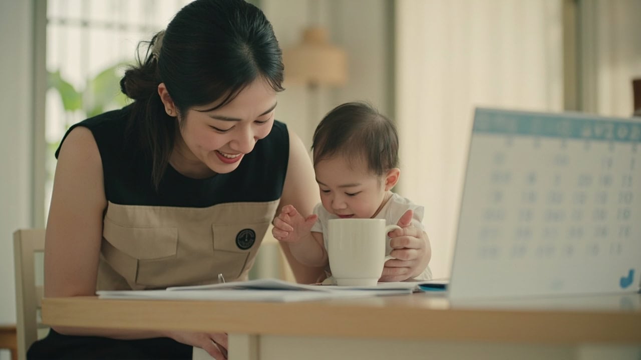 AI illustration of a parent reviewing infant care notes beside a calendar at a kitchen table