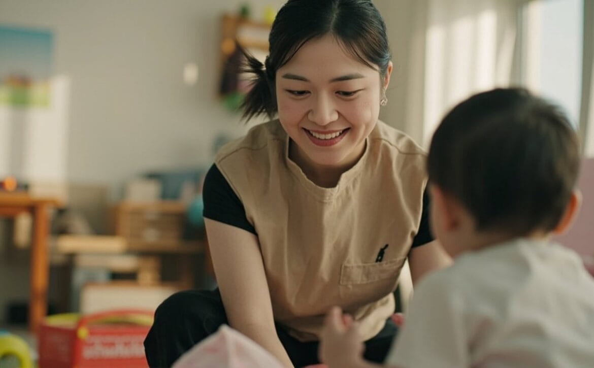 AI illustration of a uniformed childminder giving responsive care to three awake infants in a bright Singapore home playroom
