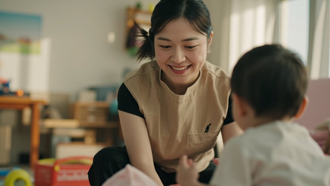 AI illustration of a uniformed childminder giving responsive care to three awake infants in a bright Singapore home playroom
