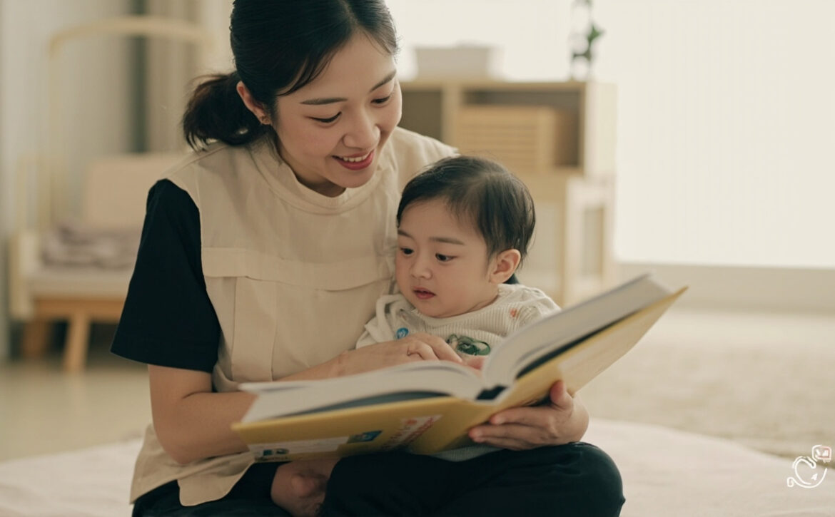 A seated caregiver in a beige sleeveless tunic and black top holds an open cloth book with a baby supported on her lap in a bright plain room.