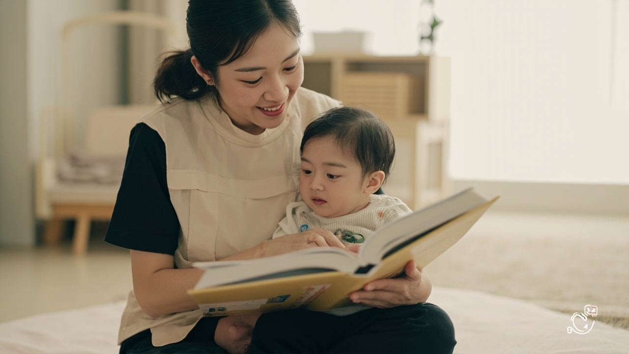 A seated caregiver in a beige sleeveless tunic and black top holds an open cloth book with a baby supported on her lap in a bright plain room.