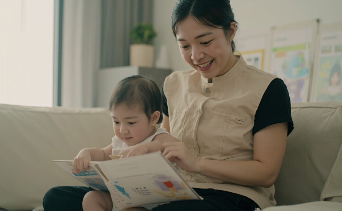 A caregiver sits on a sofa with a baby on her lap, holding an open picture book as the baby touches a page in a bright living room.