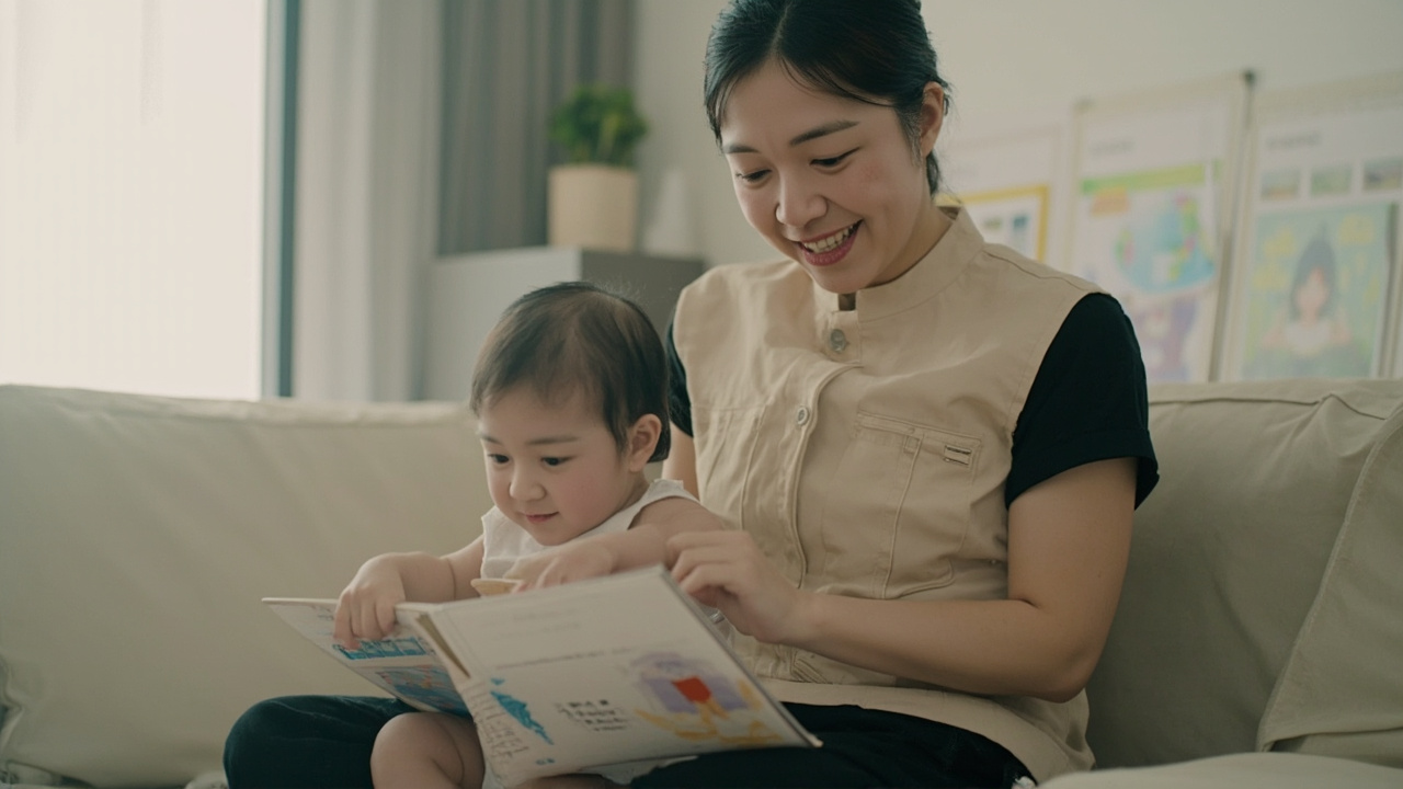 A caregiver sits on a sofa with a baby on her lap, holding an open picture book as the baby touches a page in a bright living room.