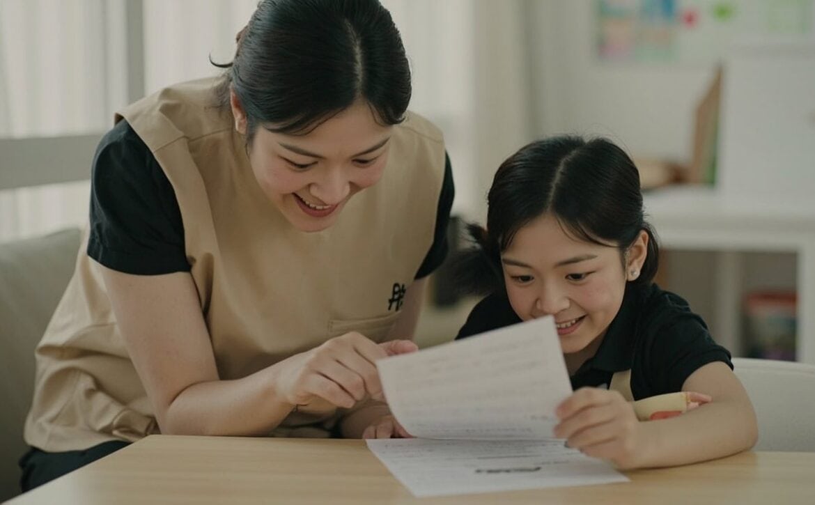 A parent and childminder discussing an infant care brief on one page