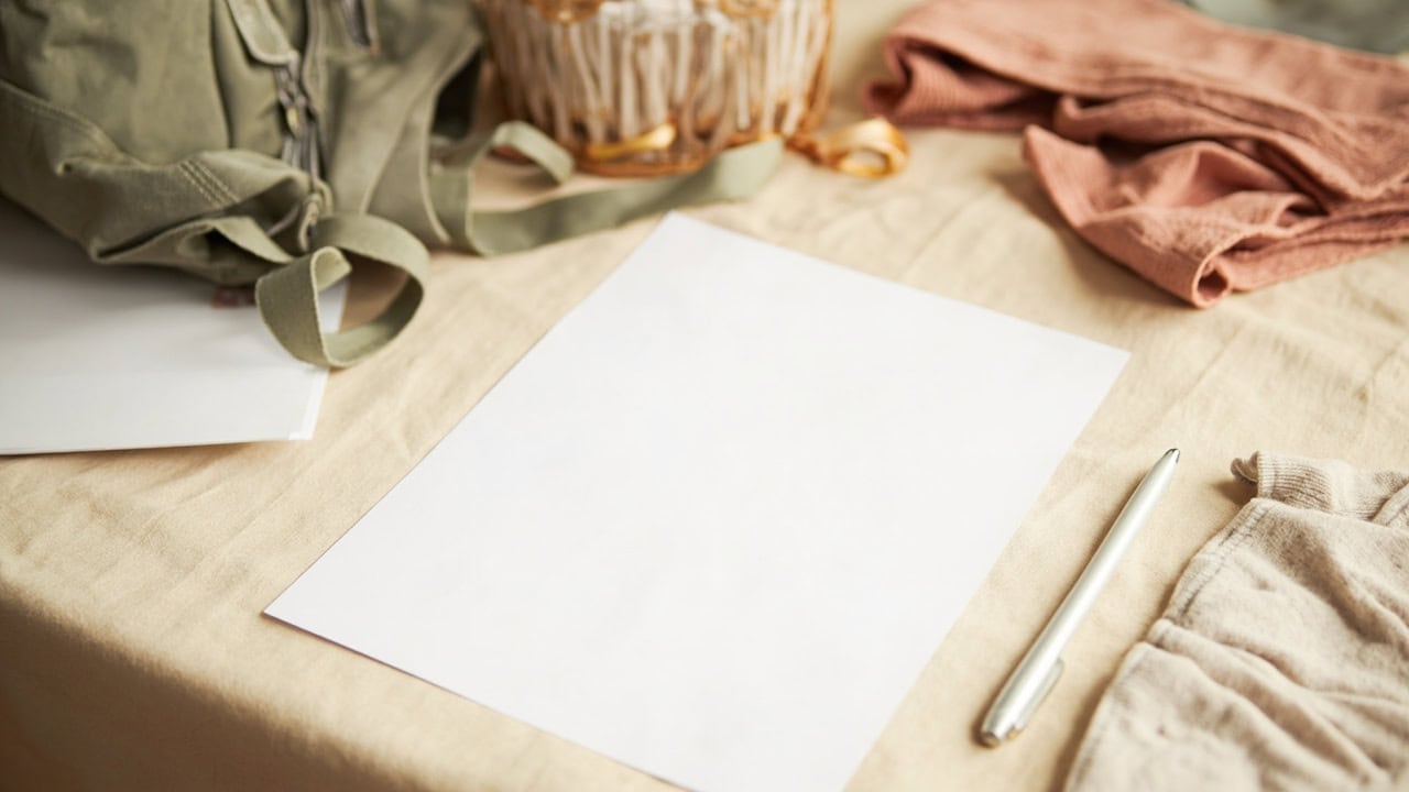 A blank white sheet rests on a cream table beside a silver pen, a small backpack, a basket and folded clothes.