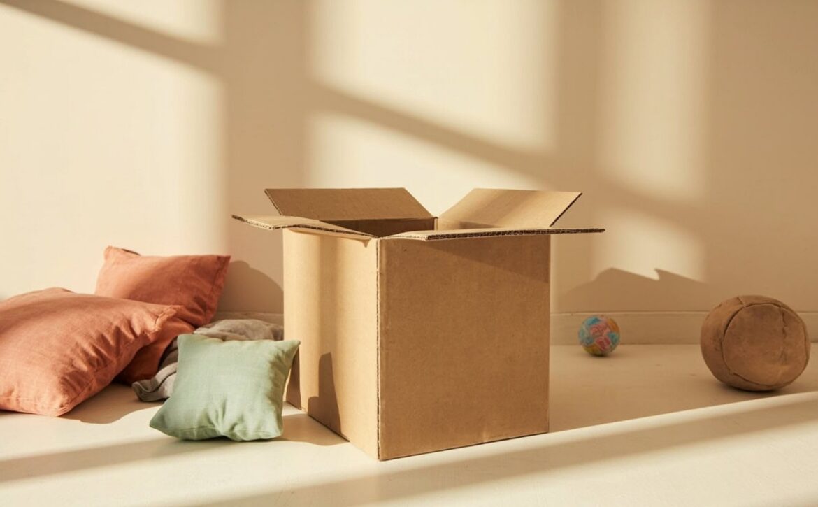 An open cardboard box and cushions sit with two balls on a clear floor in warm window light.