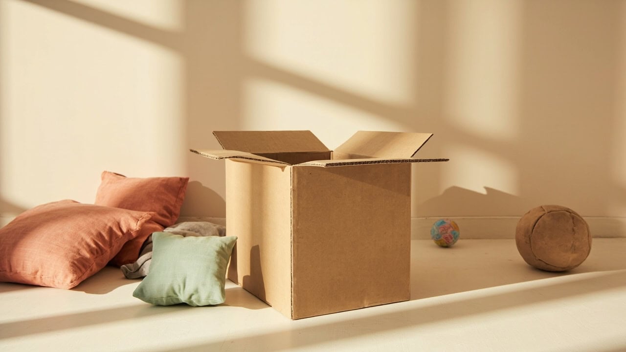 An open cardboard box and cushions sit with two balls on a clear floor in warm window light.
