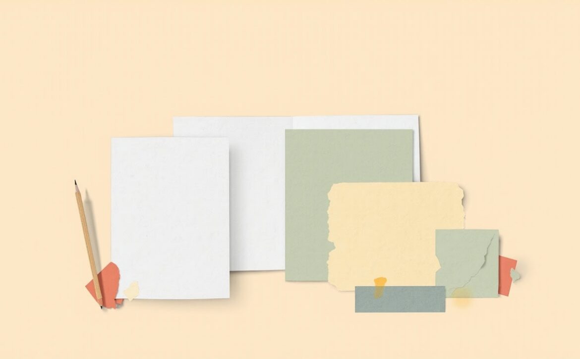 Blank fanned sheets, torn sage and yellow papers, and a pencil arranged on a warm cream background.