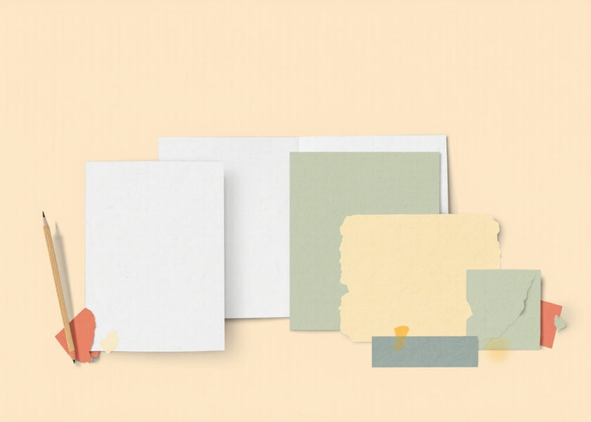 Blank fanned sheets, torn sage and yellow papers, and a pencil arranged on a warm cream background.