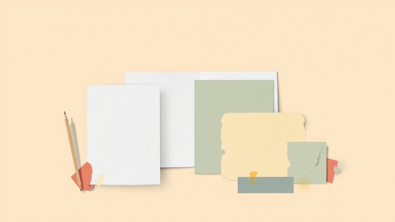 Blank fanned sheets, torn sage and yellow papers, and a pencil arranged on a warm cream background.