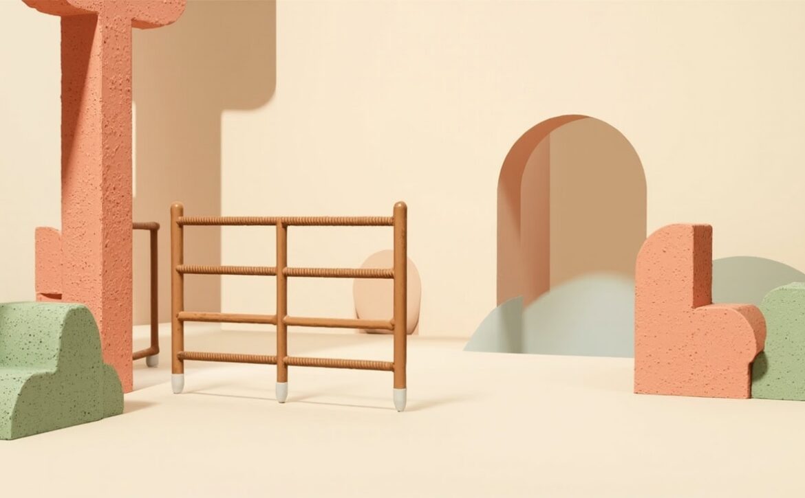 A stylised playground-like still life with a low handrail, coral arches, slide-like curves and sage blocks.