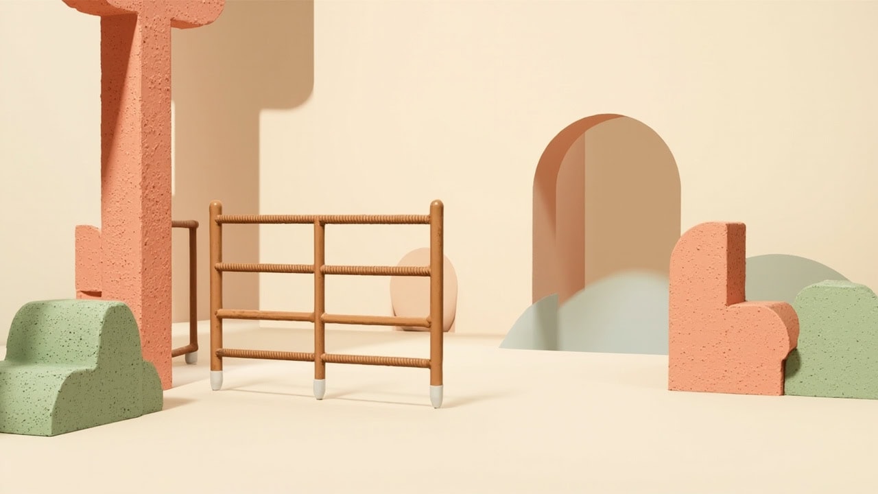 A stylised playground-like still life with a low handrail, coral arches, slide-like curves and sage blocks.