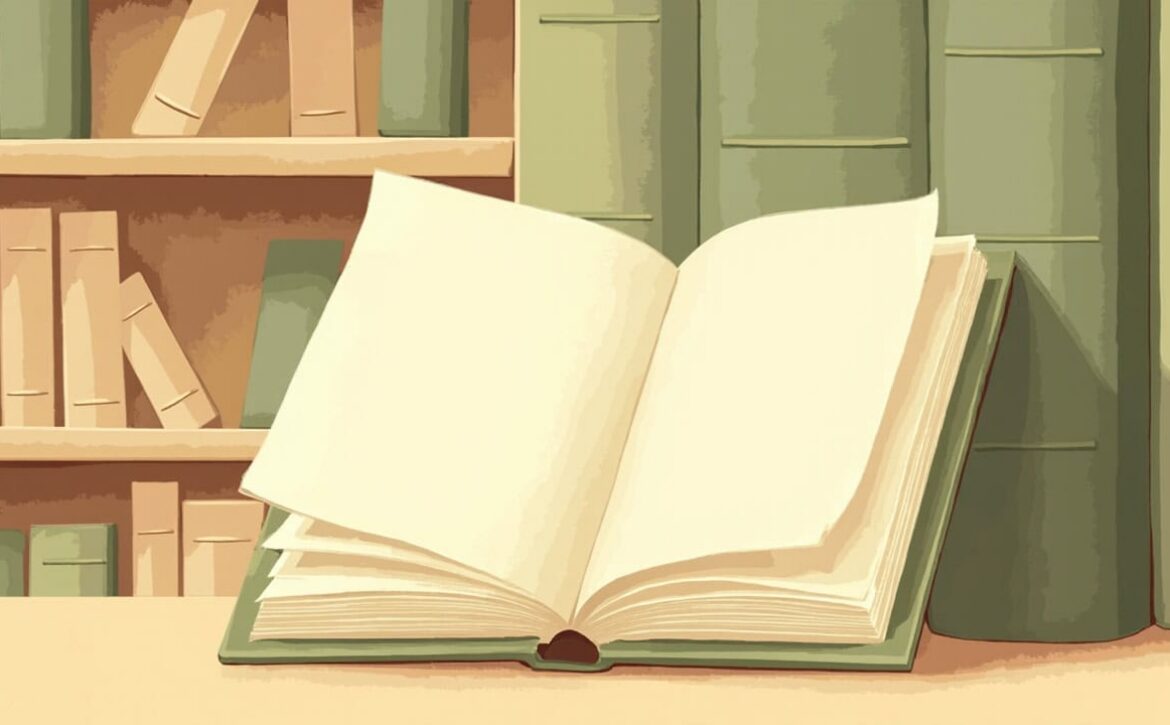A stylised blank picture book lies open before shelves of plain books in muted green and warm cream tones.