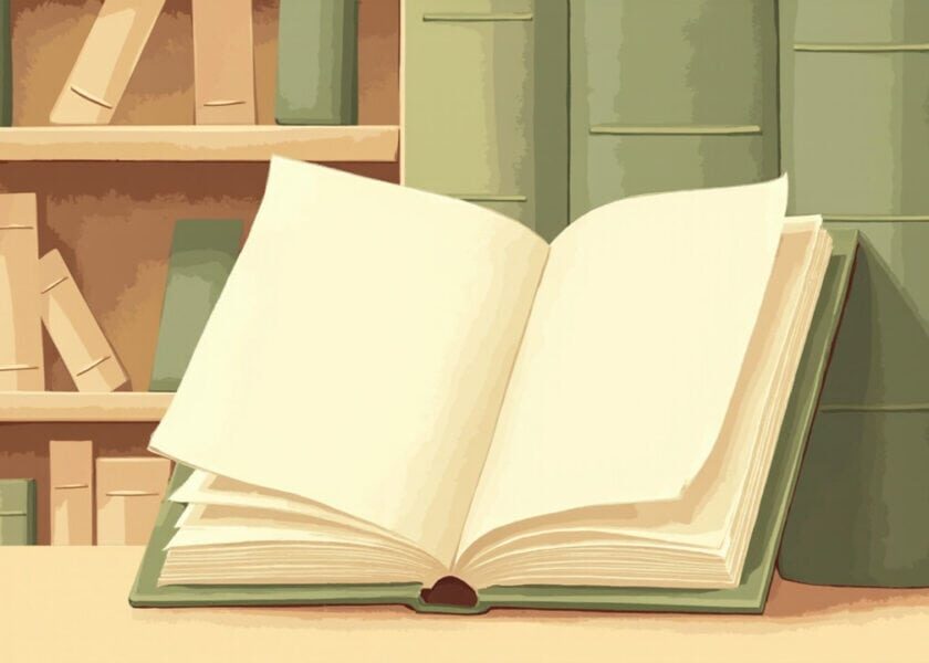 A stylised blank picture book lies open before shelves of plain books in muted green and warm cream tones.