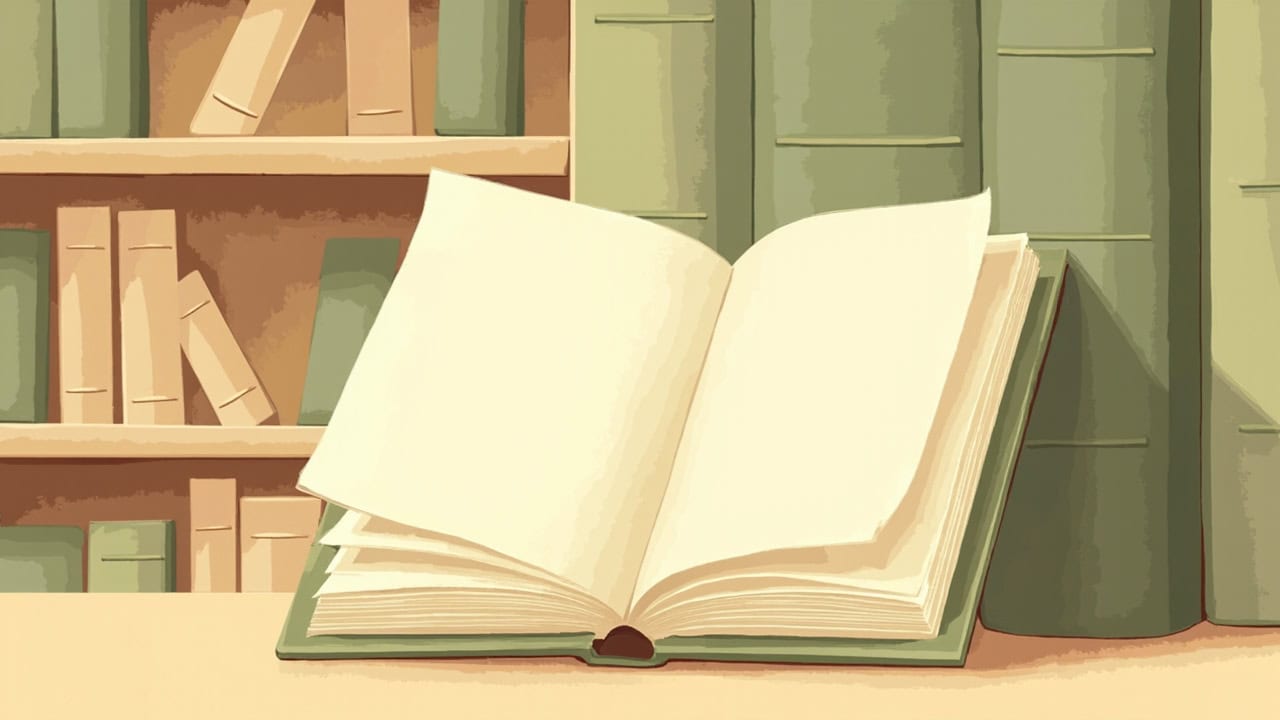 A stylised blank picture book lies open before shelves of plain books in muted green and warm cream tones.