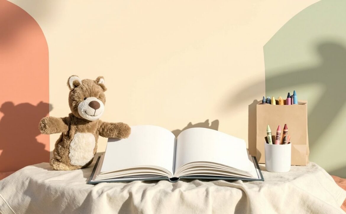 A blank picture book rests on draped fabric, with a plush bear, plain paper bag and crayons in a warm pastel setting.