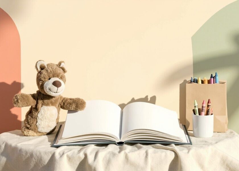 A blank picture book rests on draped fabric, with a plush bear, plain paper bag and crayons in a warm pastel setting.