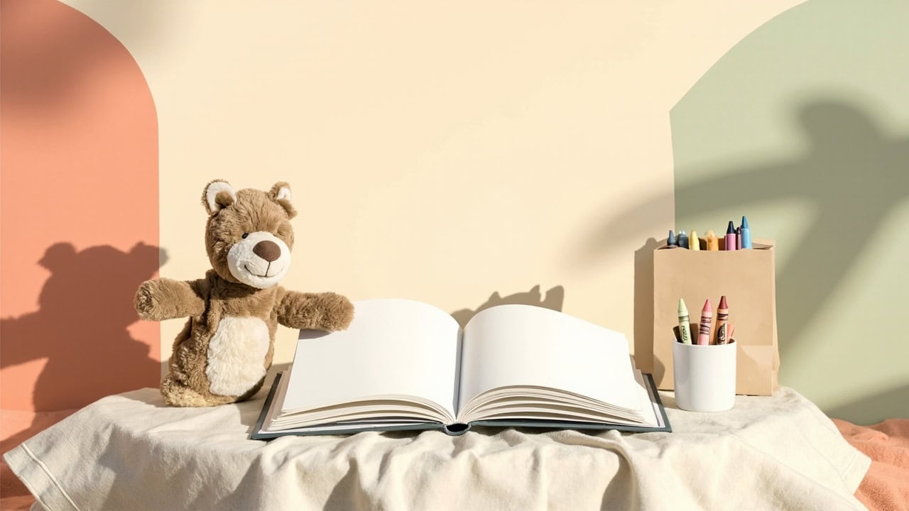 A blank picture book rests on draped fabric, with a plush bear, plain paper bag and crayons in a warm pastel setting.