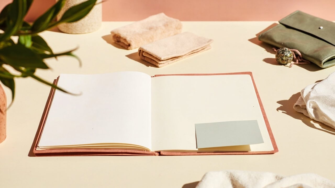 Warm still life of an open blank folder with a plain card, folded textiles, a closed wallet and soft greenery.