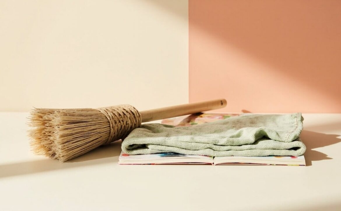 A wooden-handled straw broom rests beside a folded sage cloth on a closed picture book against warm cream and coral walls.