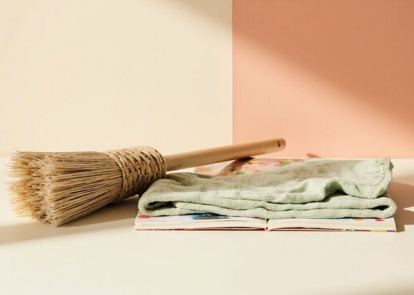 A wooden-handled straw broom rests beside a folded sage cloth on a closed picture book against warm cream and coral walls.