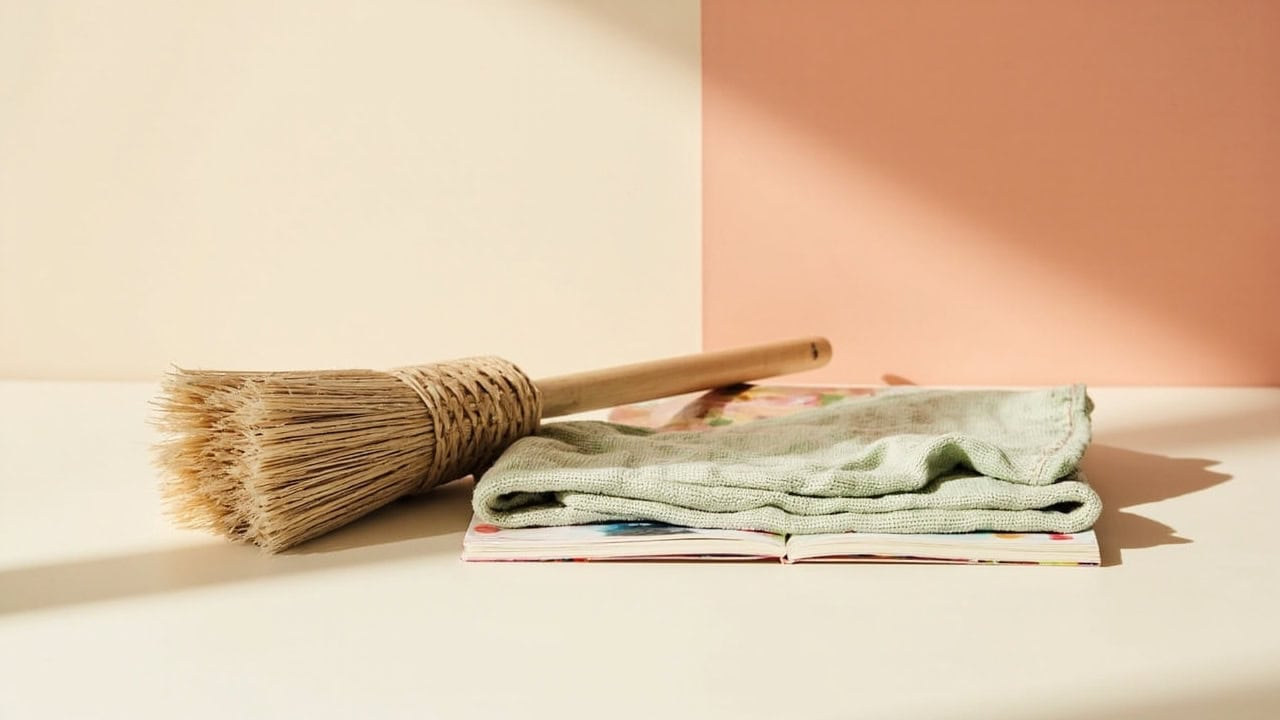 A wooden-handled straw broom rests beside a folded sage cloth on a closed picture book against warm cream and coral walls.