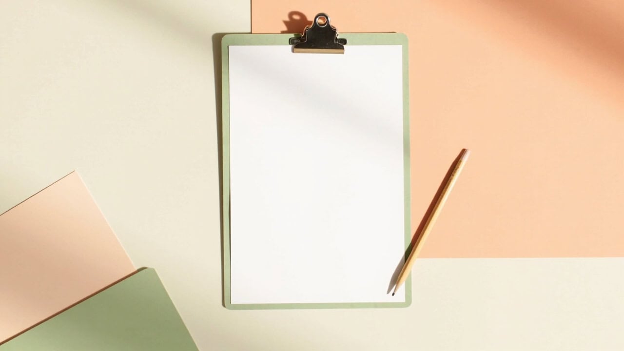 A blank clipboard, an unmarked pencil and layered sage and peach folders on a warm cream tabletop in soft light.