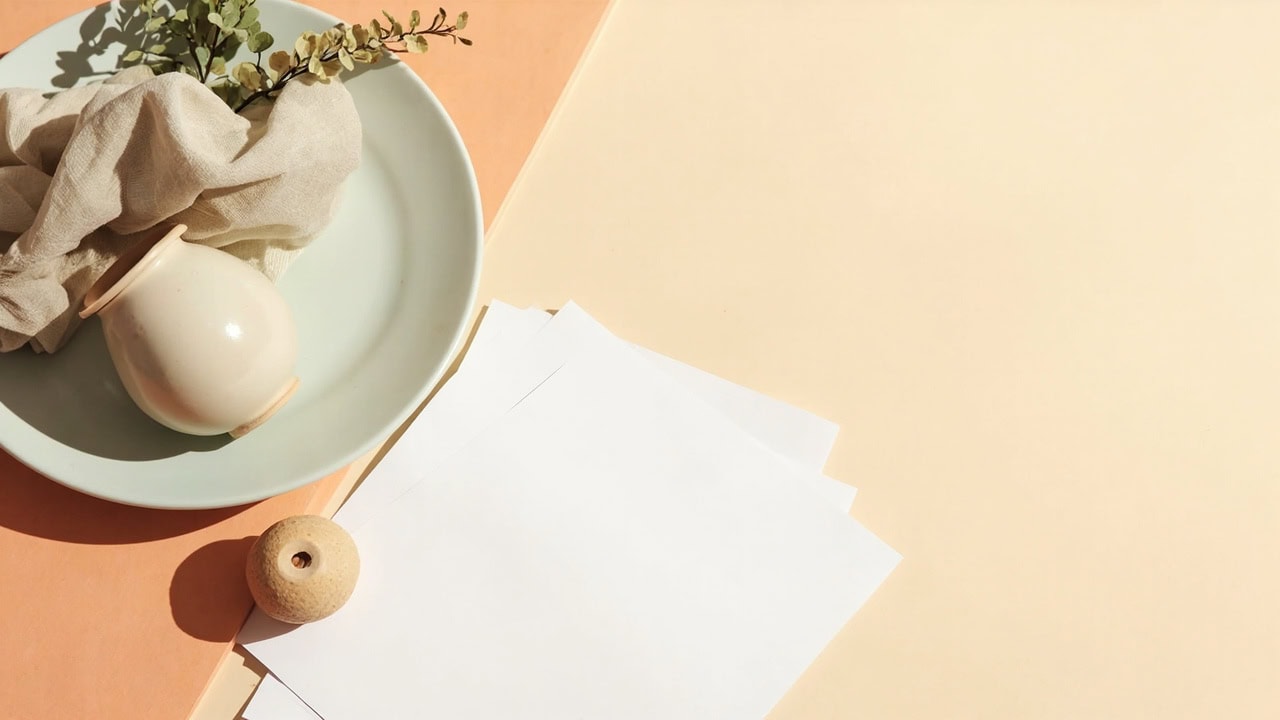 Blank papers, folded fabric, a rounded ceramic vessel, greenery and a wooden bead in warm natural light.