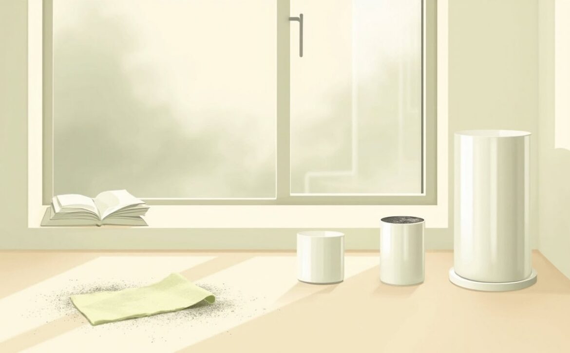 Stylised cream room with a shut window, grey haze outside, a green cloth on dust and three unlabelled cylindrical devices.