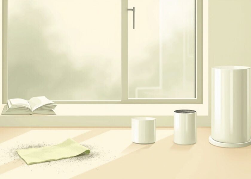 Stylised cream room with a shut window, grey haze outside, a green cloth on dust and three unlabelled cylindrical devices.