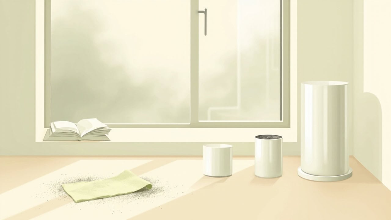 Stylised cream room with a shut window, grey haze outside, a green cloth on dust and three unlabelled cylindrical devices.