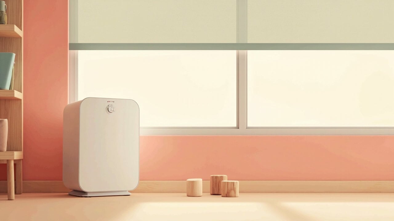 A generic white portable air purifier stands beside a closed window, with plain wooden blocks on a warm cream floor.